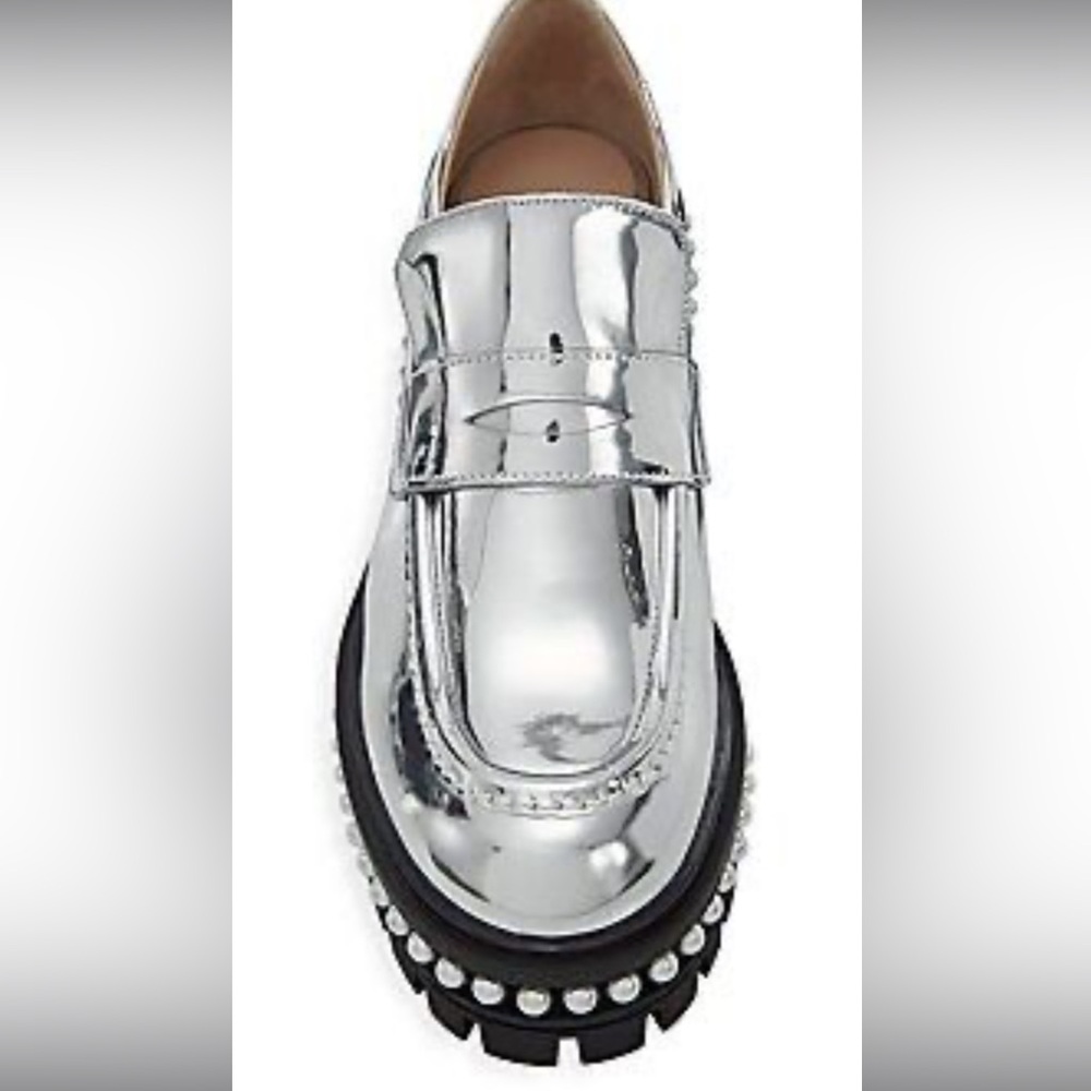 Stuart Weitzman pearl heel metallic loafers